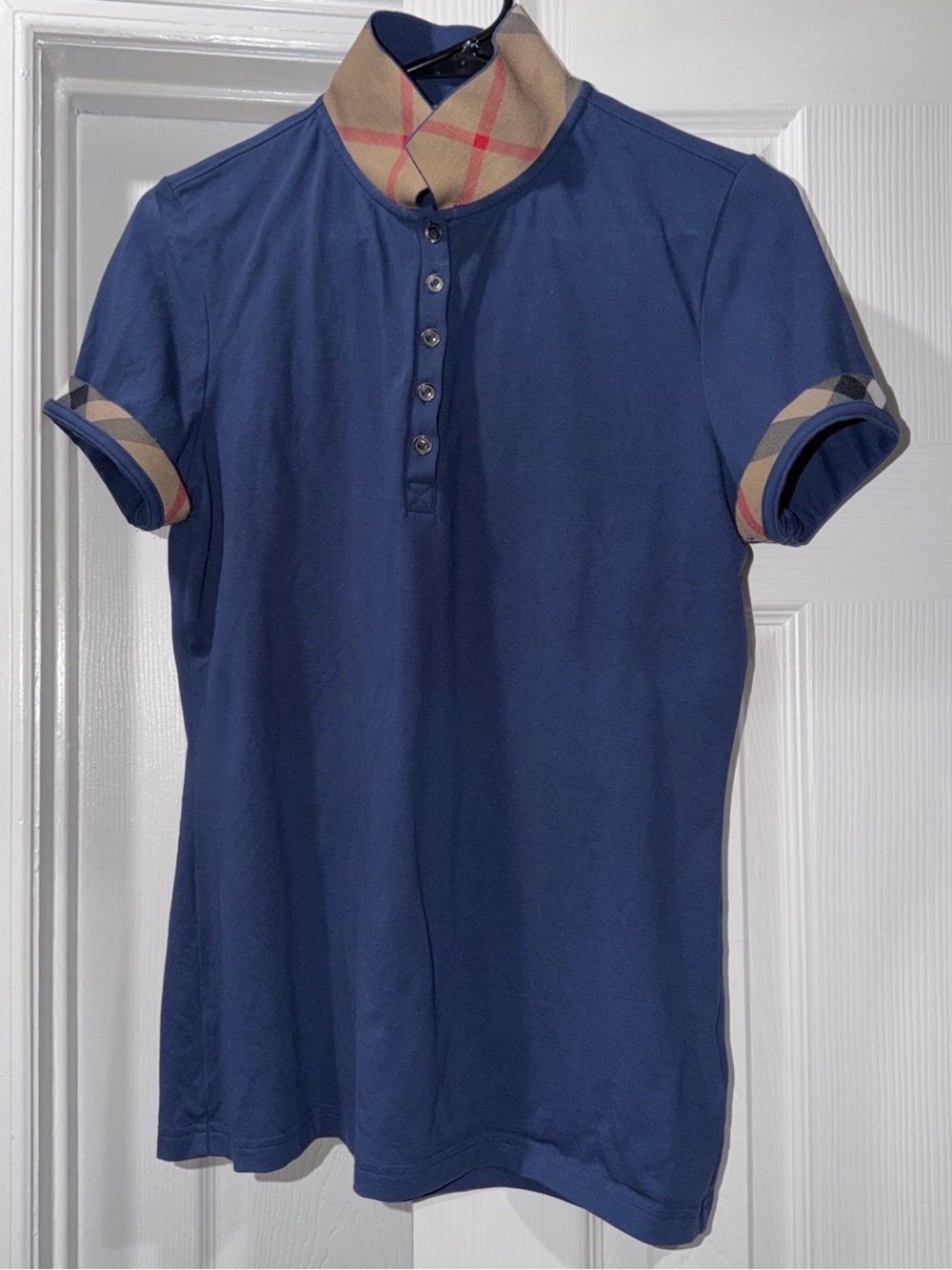 Burberry Garrone Check-Cuff Cotton Polo Shirt in navy blue size large